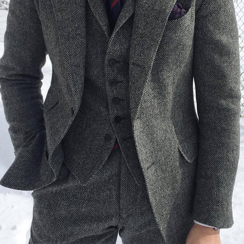 Traje de invierno de tweed de lana gris para hombre, para boda, esmoquin formal de novio, diseño de espiga, 3 piezas (chaqueta, chaleco, pantalón y corbata). 