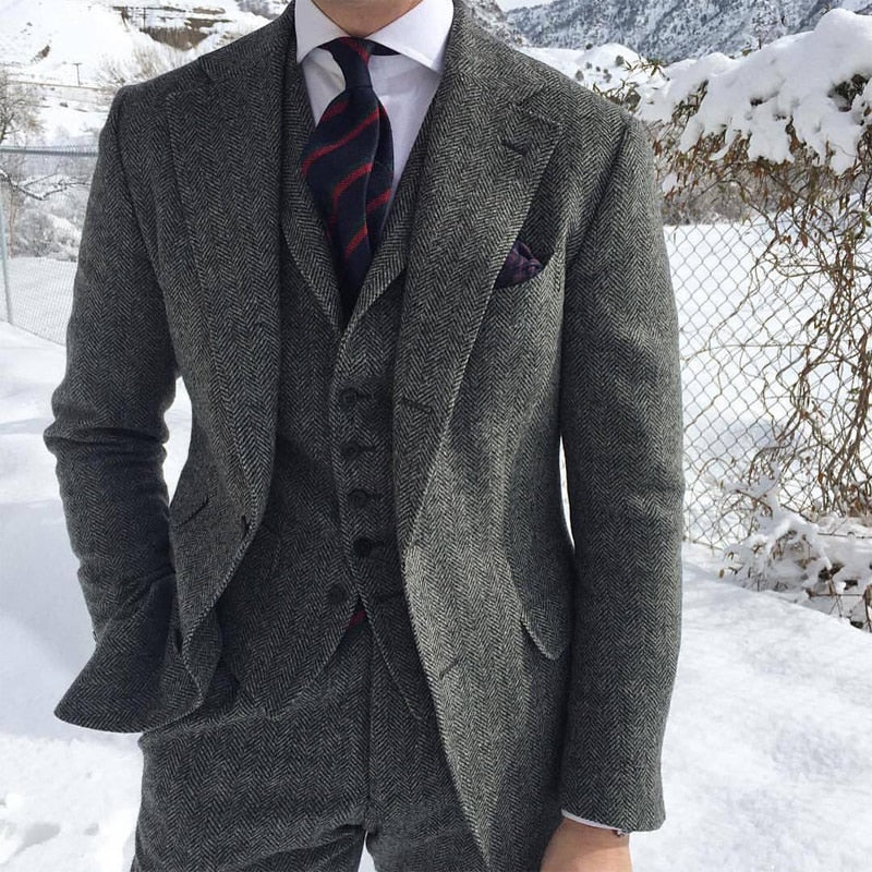 Traje de invierno de tweed de lana gris para hombre, para boda, esmoquin formal de novio, diseño de espiga, 3 piezas (chaqueta, chaleco, pantalón y corbata). 