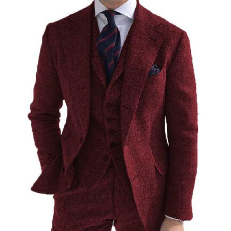 Traje de invierno de tweed de lana gris para hombre, para boda, esmoquin formal de novio, diseño de espiga, 3 piezas (chaqueta, chaleco, pantalón y corbata). 