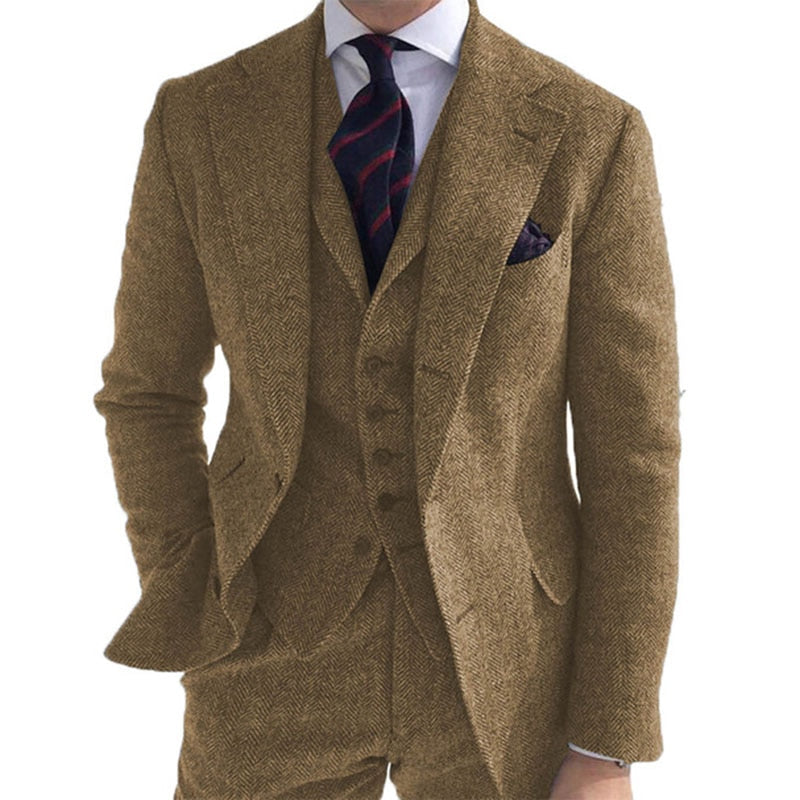 Traje de invierno de tweed de lana gris para hombre, para boda, esmoquin formal de novio, diseño de espiga, 3 piezas (chaqueta, chaleco, pantalón y corbata). 