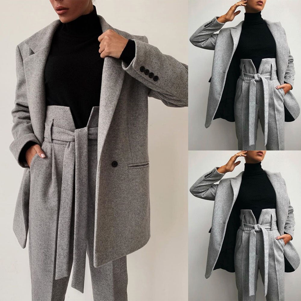 Veste en laine grise pour femme, costume d'hiver en tweed long et épais, tenue de bal, de soirée, d'invité, de mariage, deux pièces, sur mesure 