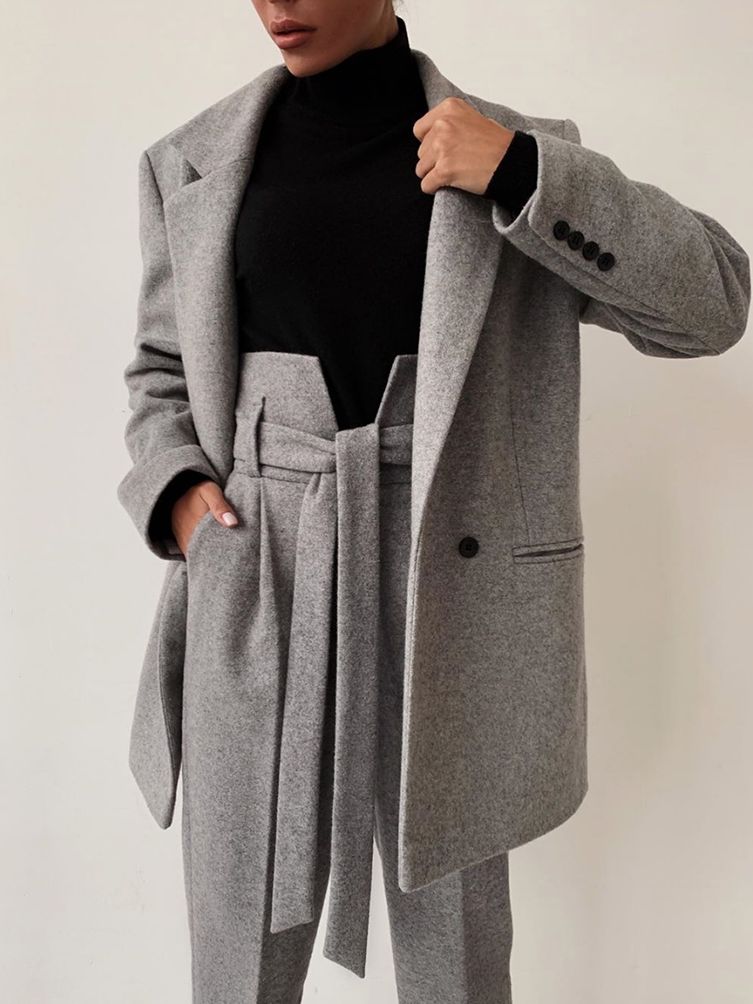 Veste en laine grise pour femme, costume d'hiver en tweed long et épais, tenue de bal, de soirée, d'invité, de mariage, deux pièces, sur mesure 