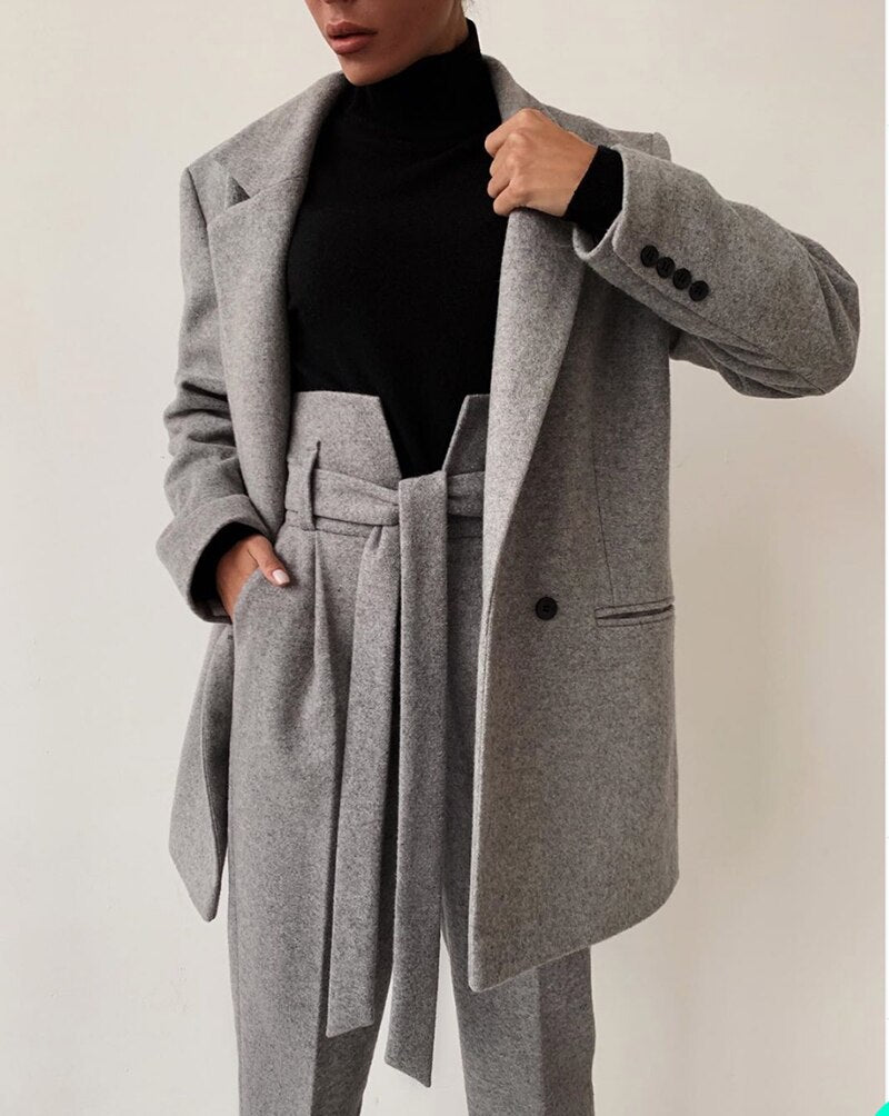 Veste en laine grise pour femme, costume d'hiver en tweed long et épais, tenue de bal, de soirée, d'invité, de mariage, deux pièces, sur mesure 