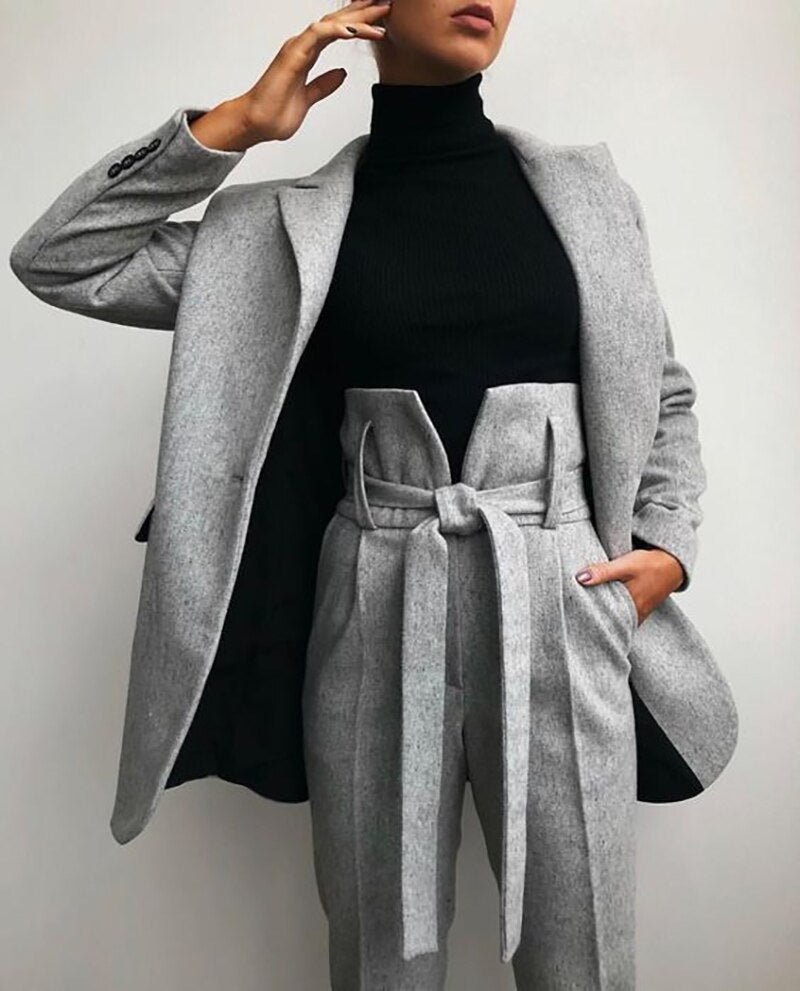 Veste en laine grise pour femme, costume d'hiver en tweed long et épais, tenue de bal, de soirée, d'invité, de mariage, deux pièces, sur mesure 