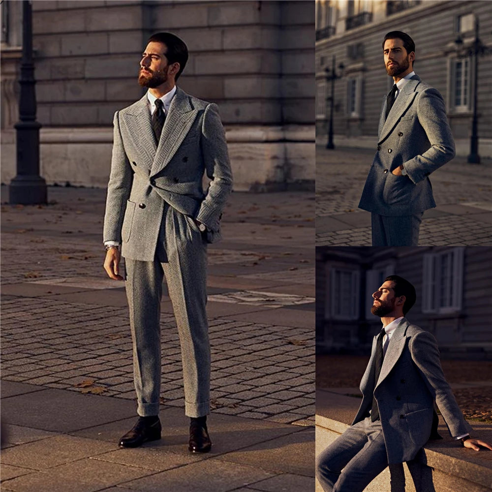 Costume de mariage gris à chevrons pour homme, ensemble 2 pièces en tweed sur mesure (veste + pantalon)