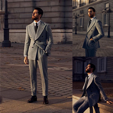 Gray Woolen Herringbone Men Suits for Wedding Groom Tuxedo 2 Piece Tweed Custom Made Set (Jacket+Pants)