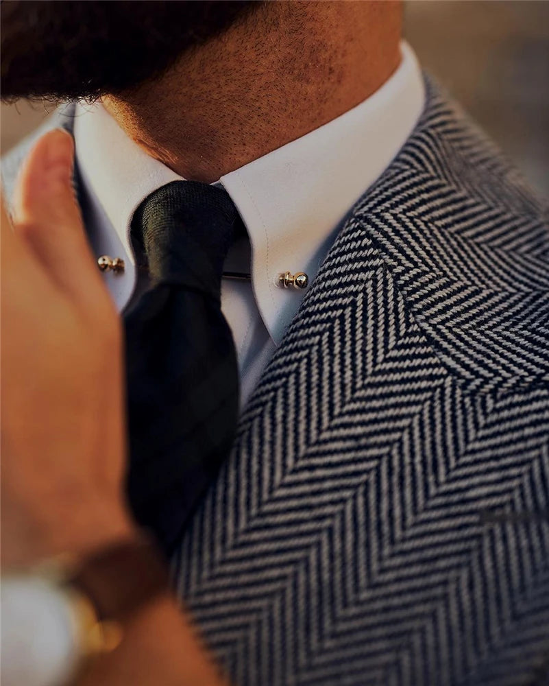 Costume de mariage gris à chevrons pour homme, ensemble 2 pièces en tweed sur mesure (veste + pantalon)