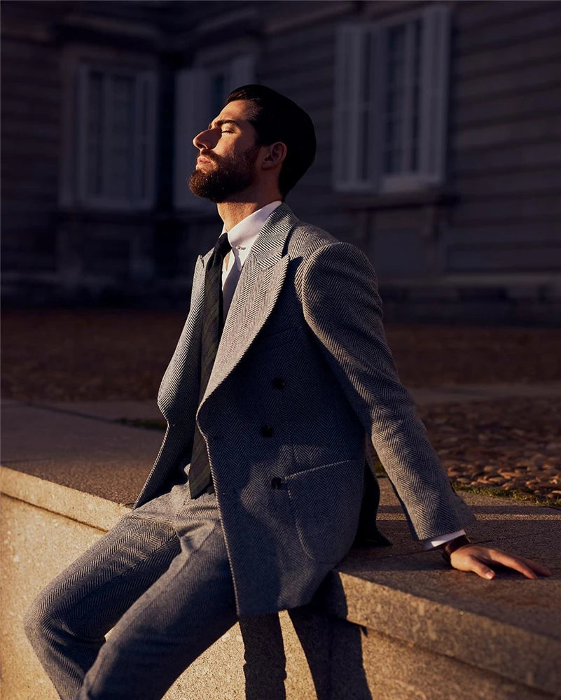 Costume de mariage gris à chevrons pour homme, ensemble 2 pièces en tweed sur mesure (veste + pantalon)