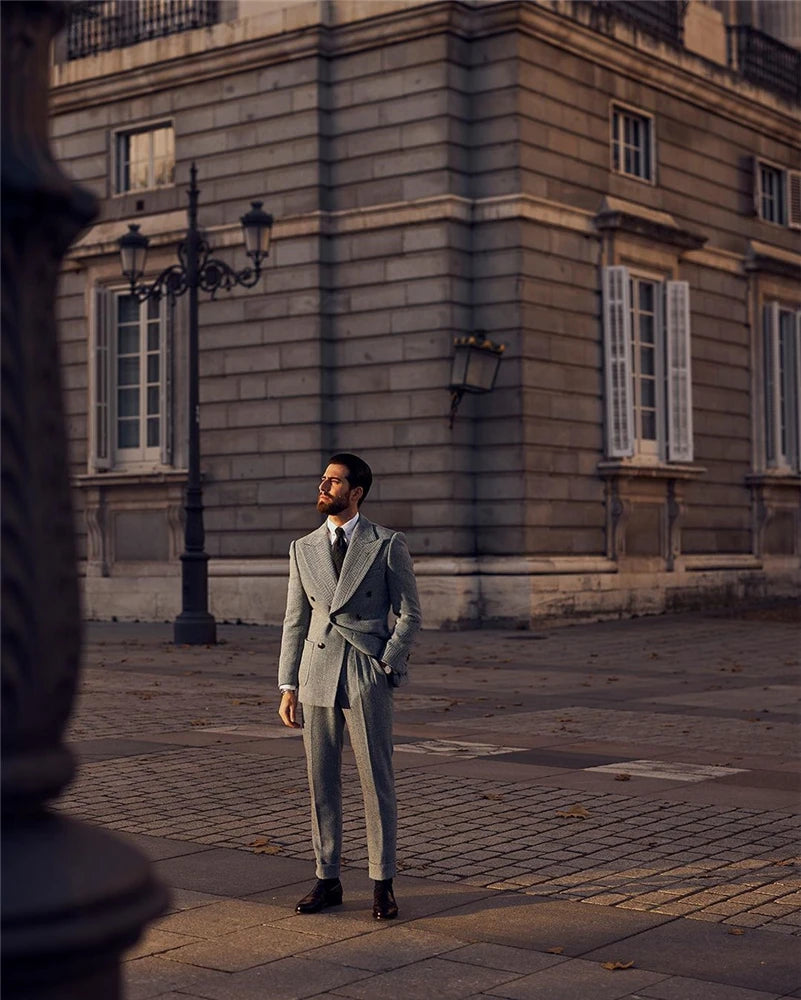 Costume de mariage gris à chevrons pour homme, ensemble 2 pièces en tweed sur mesure (veste + pantalon)