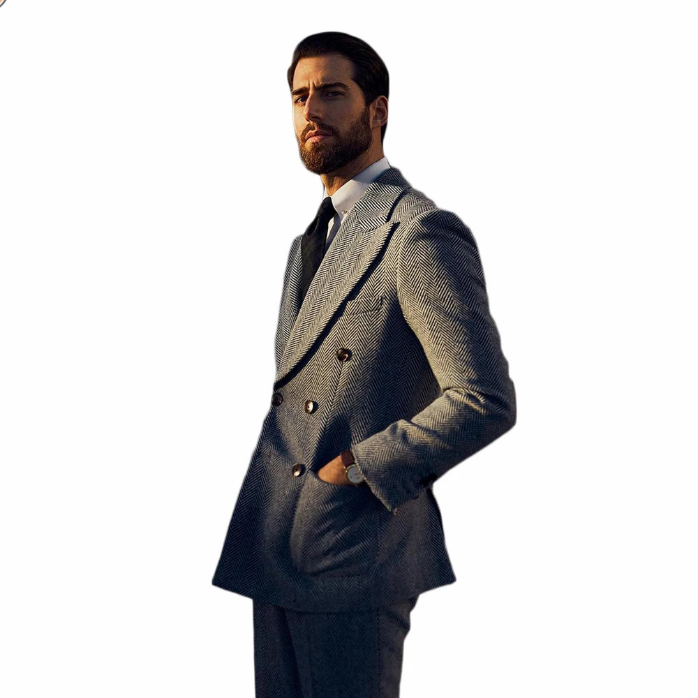Costume de mariage gris à chevrons pour homme, ensemble 2 pièces en tweed sur mesure (veste + pantalon)