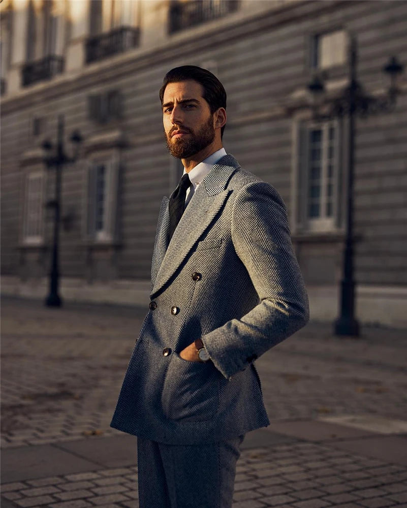 Costume de mariage gris à chevrons pour homme, ensemble 2 pièces en tweed sur mesure (veste + pantalon)
