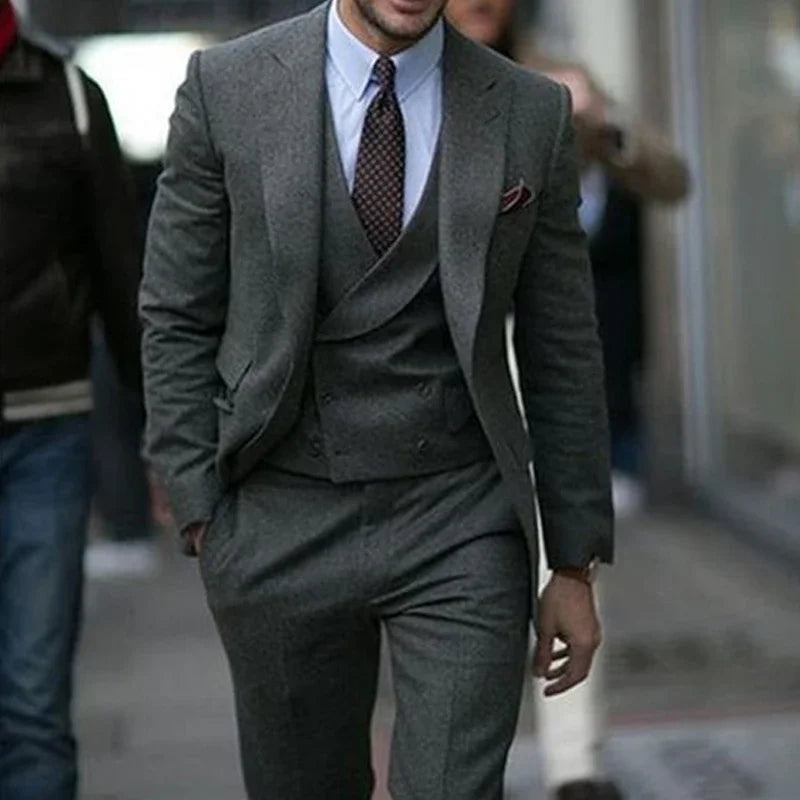 Trajes de lana gris para hombre, boda, esmoquin de novio de 3 piezas a medida, conjunto de ropa de moda para graduación, chaqueta, chaleco y pantalones
