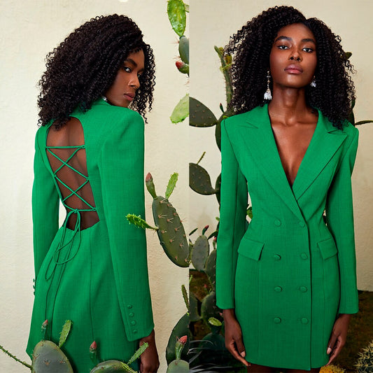 Green Double Breasted Women Slim Long Jacket Sexy Hollow Back Ladies Prom Evening Guest Formal Wear Custom Made Blazer