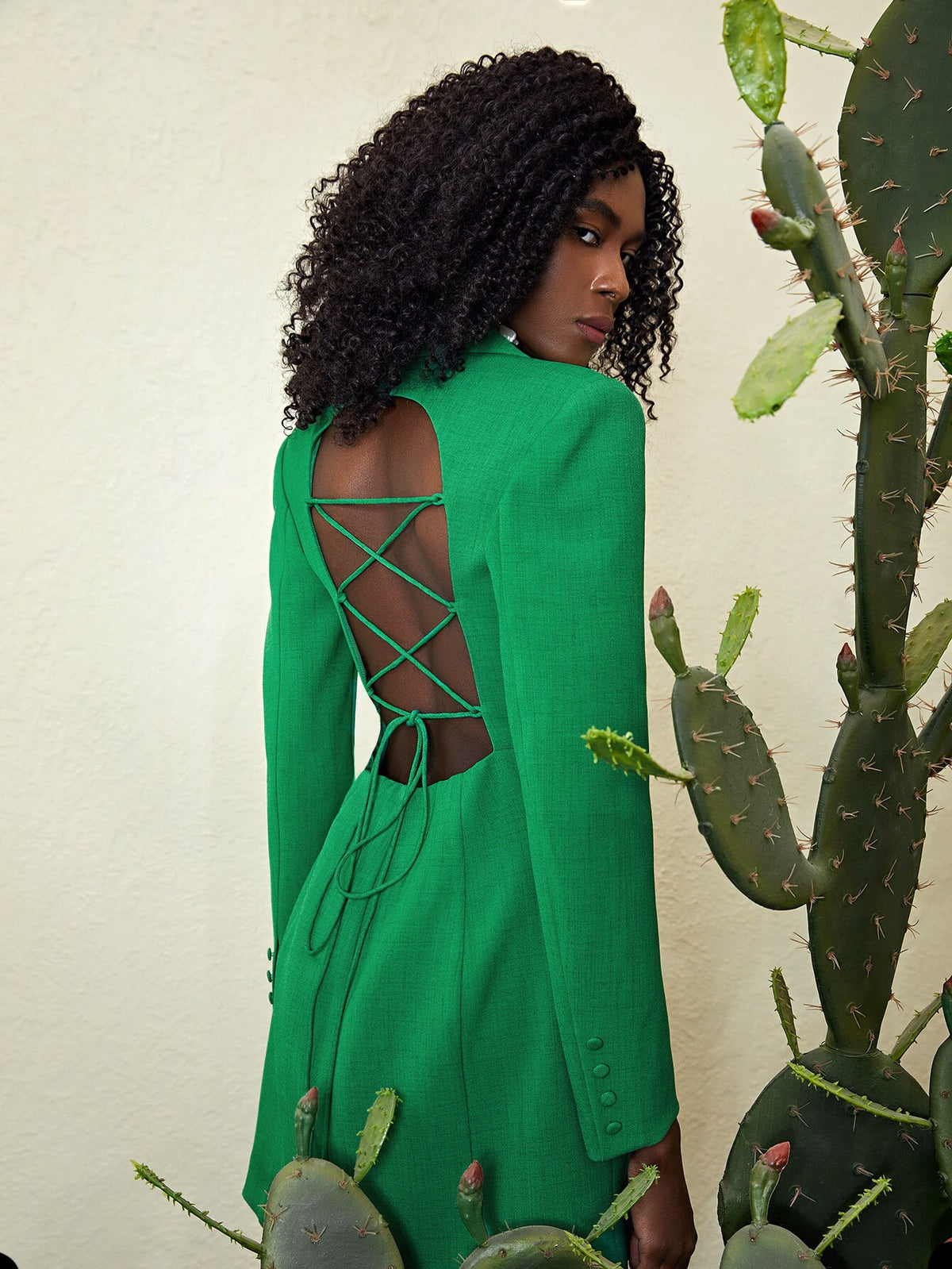 Veste longue verte à double boutonnage pour femme, slim, sexy, dos nu, tenue de soirée, de bal, sur mesure 