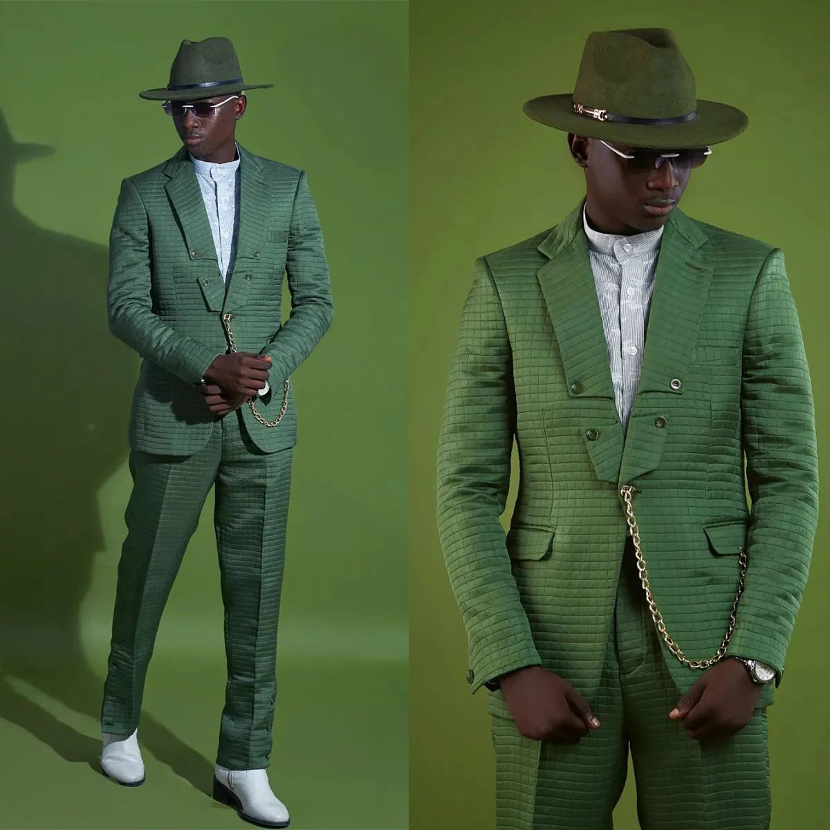 Green Floral Men Wedding Suits Notched Lapel Jacket With Pants 2 Piece Business Groom Tuxedos ( Blazer And Trousers)