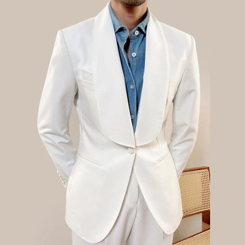 Fruit Collar Casual Suit Jacket British Men Blazer One Button Wedding Business Dress Coat Social Banquet Tuxedo Costume