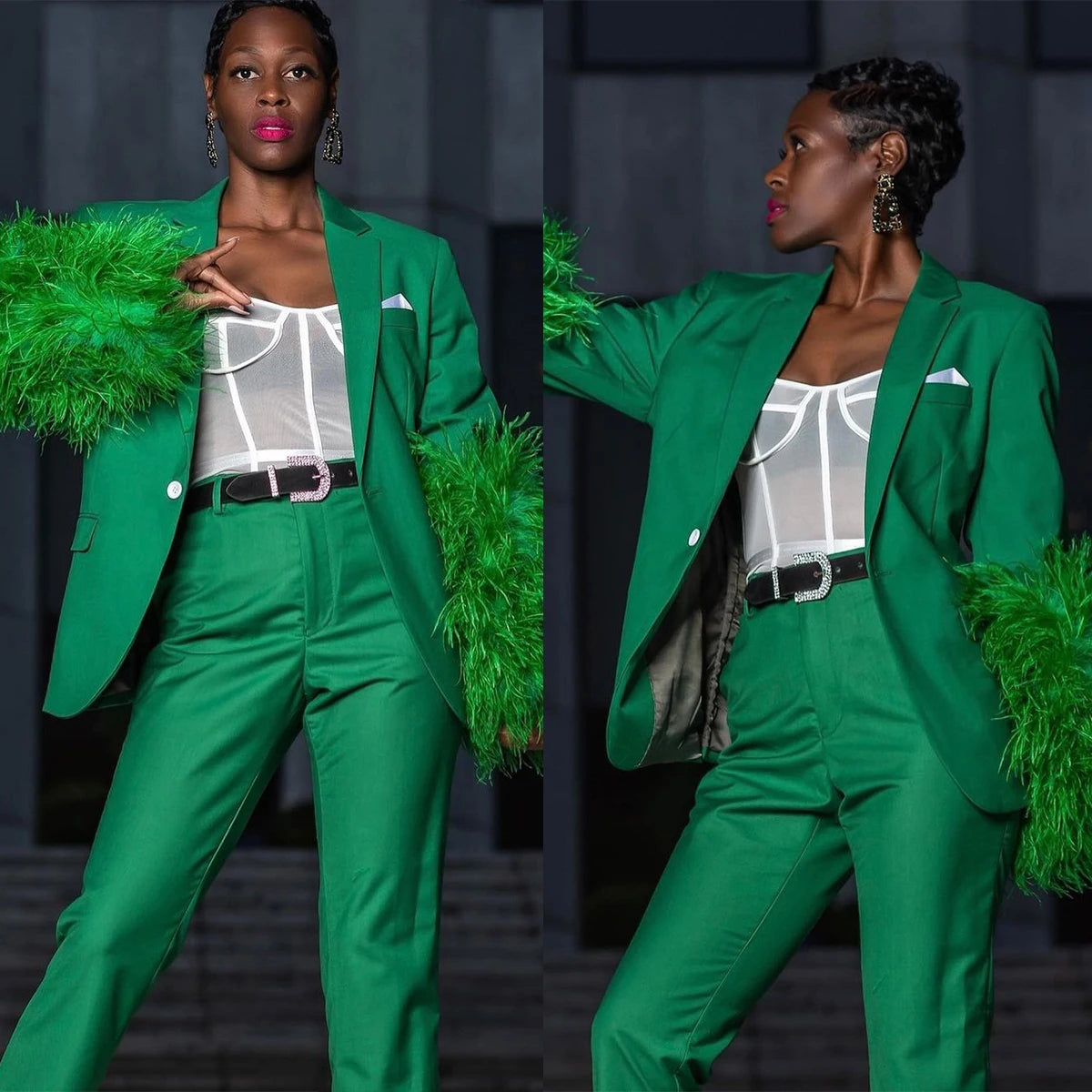 Green Fur Women Pants Suits Custom Made 2 Pieces Slim Fit Peaked Lapel Wedding Guest Wear