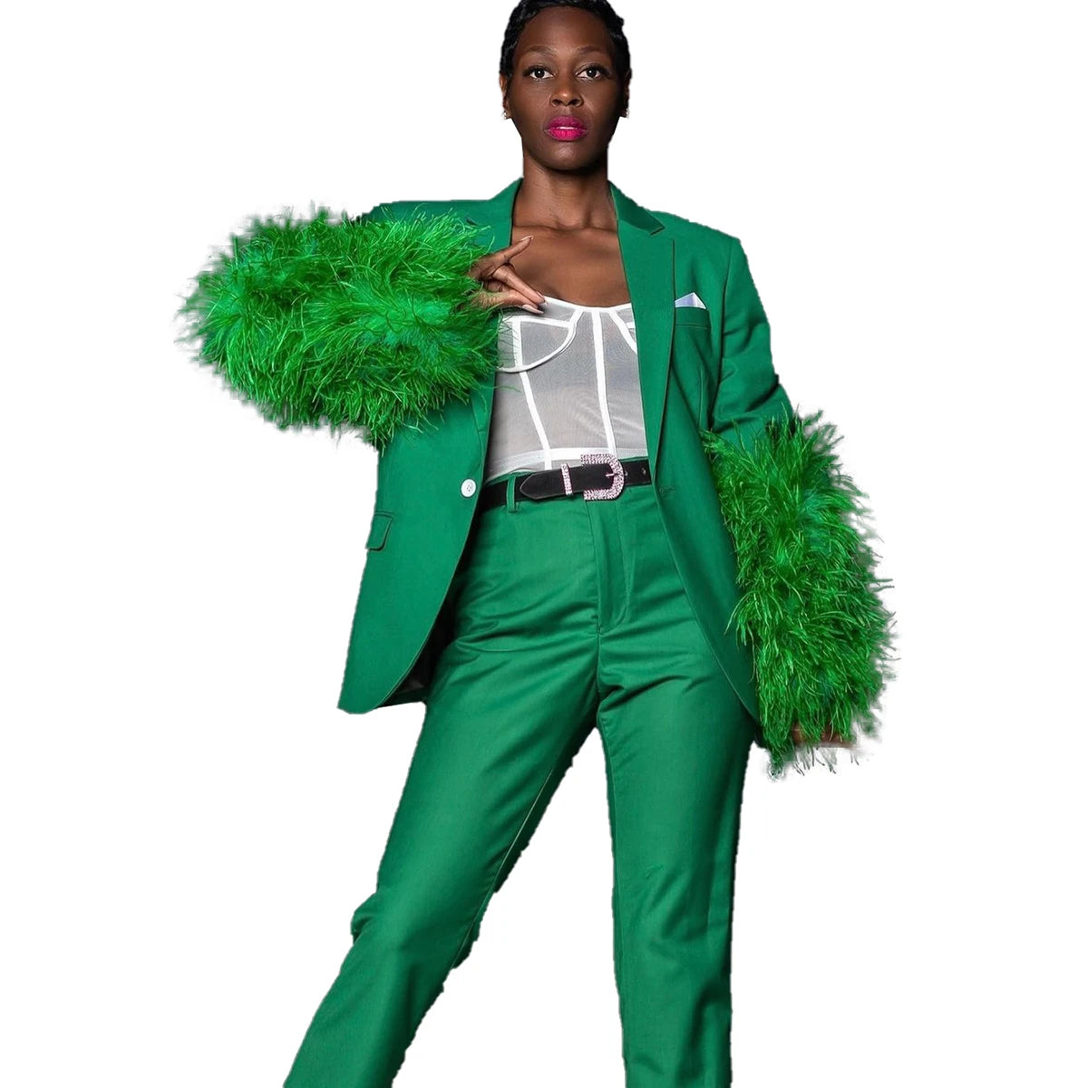 Green Fur Women Pants Suits Custom Made 2 Pieces Slim Fit Peaked Lapel Wedding Guest Wear