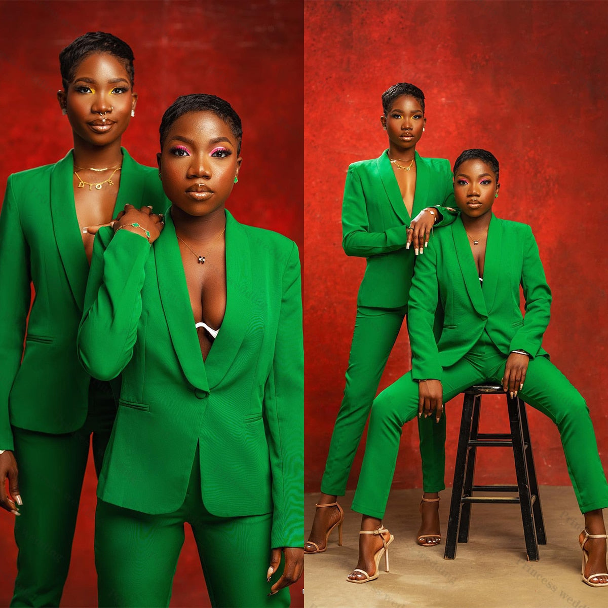 Green Girls 2 Pieces Pants Suits Prom Party Dress Deep V Neck Blazer Trousers Lady Outfit