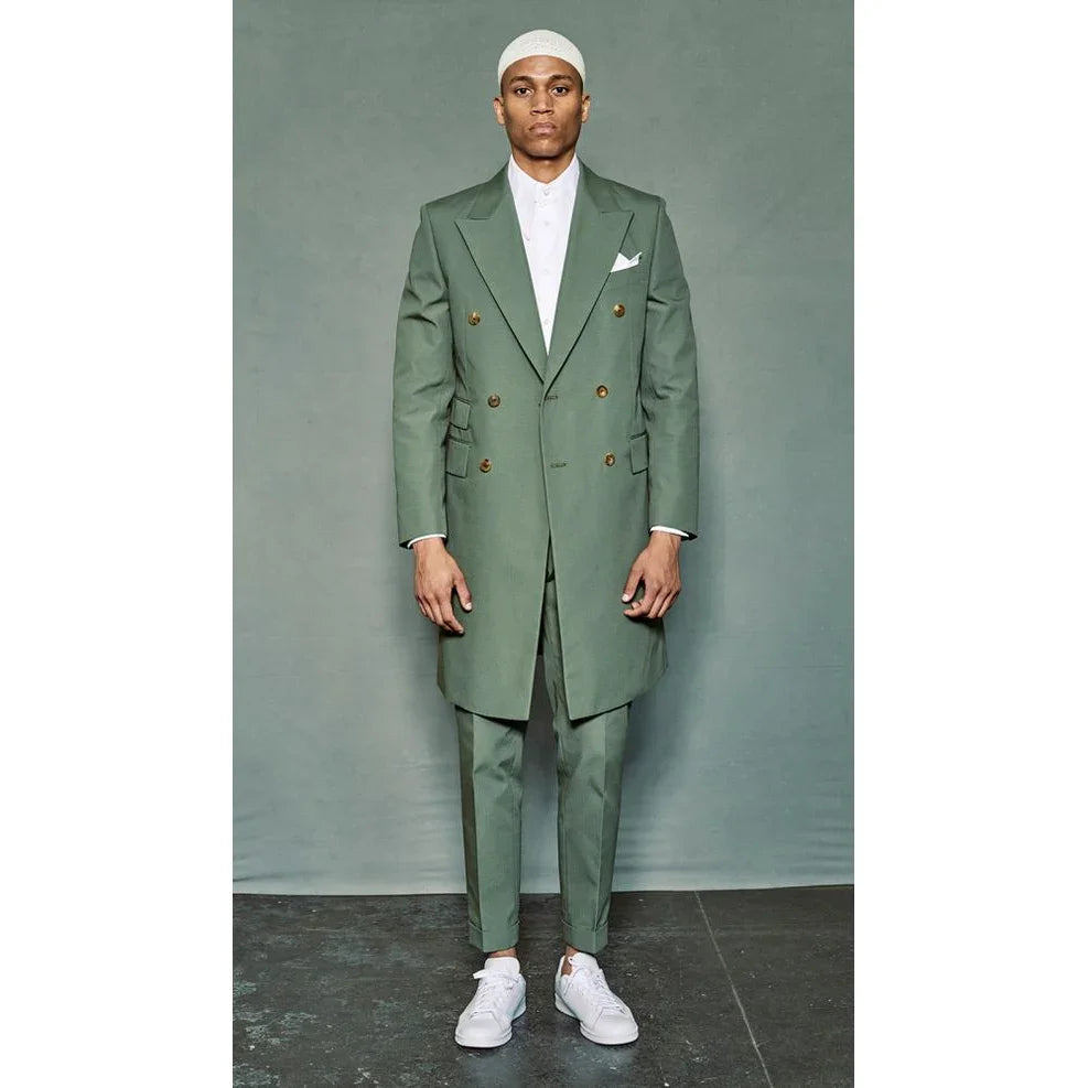 Trajes verdes de ocio para hombre, chaqueta larga y pantalón de 2 piezas, cruzados, con solapa de pico, informales, para oficina y viajes.