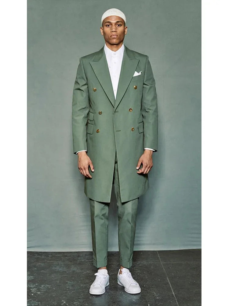 Trajes verdes de ocio para hombre, chaqueta larga y pantalón de 2 piezas, cruzados, con solapa de pico, informales, para oficina y viajes.