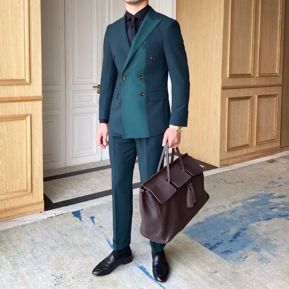 Costume homme vert sur mesure 2 pièces blazer pantalon smoking croisé épissé revers en pointe slim mariage marié bal sur mesure 
