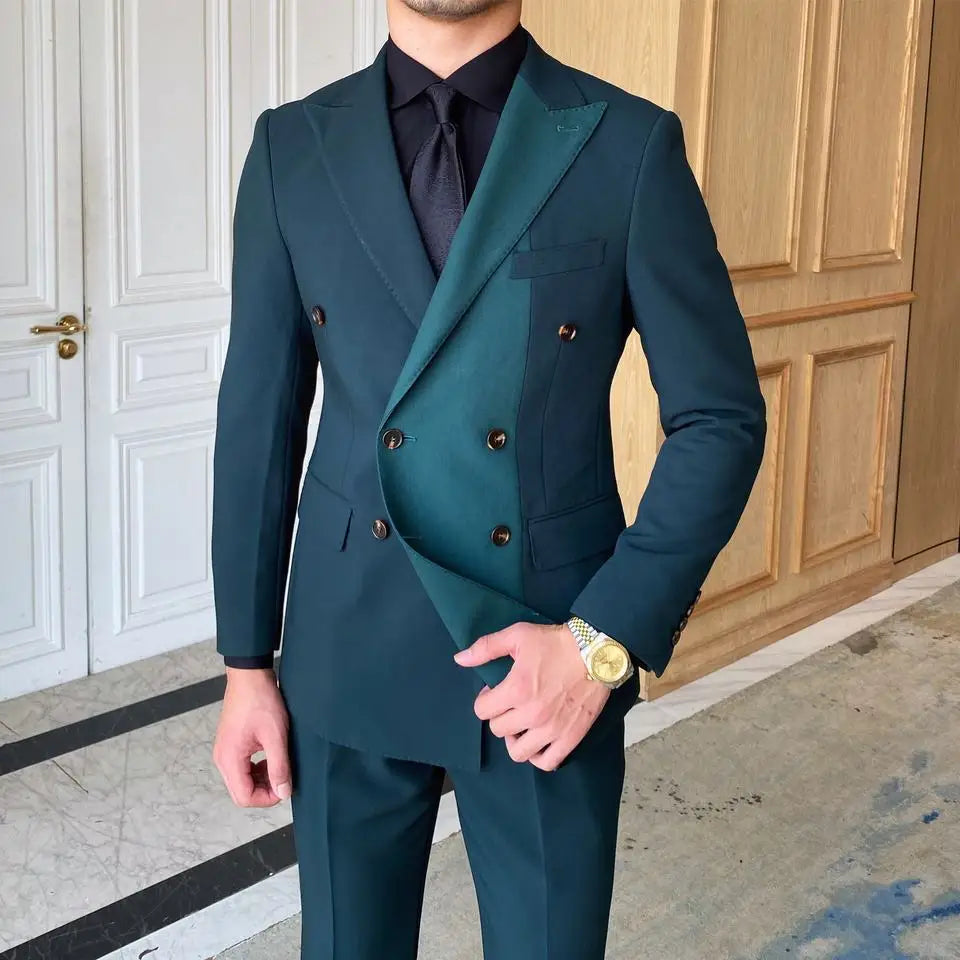 Costume homme vert sur mesure 2 pièces blazer pantalon smoking croisé épissé revers en pointe slim mariage marié bal sur mesure 