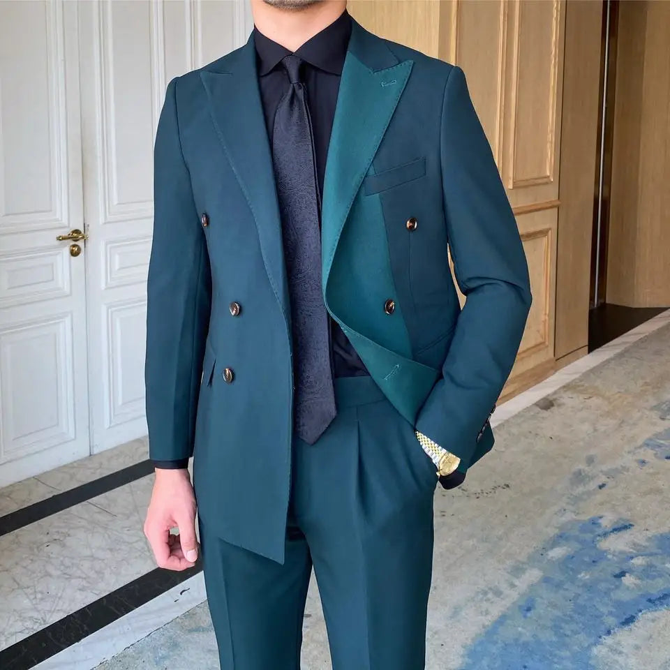 Costume homme vert sur mesure 2 pièces blazer pantalon smoking croisé épissé revers en pointe slim mariage marié bal sur mesure 