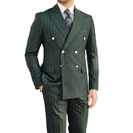 Green Men's Suit 2 Pieces Blazer Pants Bow Collar Double Breasted Buckle Formal Work Wear Wedding Prom Costume