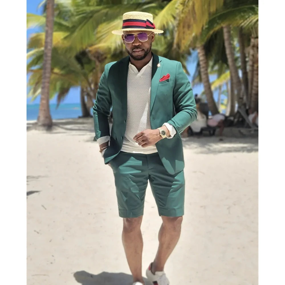 Costume homme vert smoking été blazer à revers cranté avec pantalon court sur mesure plage coupe ajustée ensemble décontracté 2 pièces 