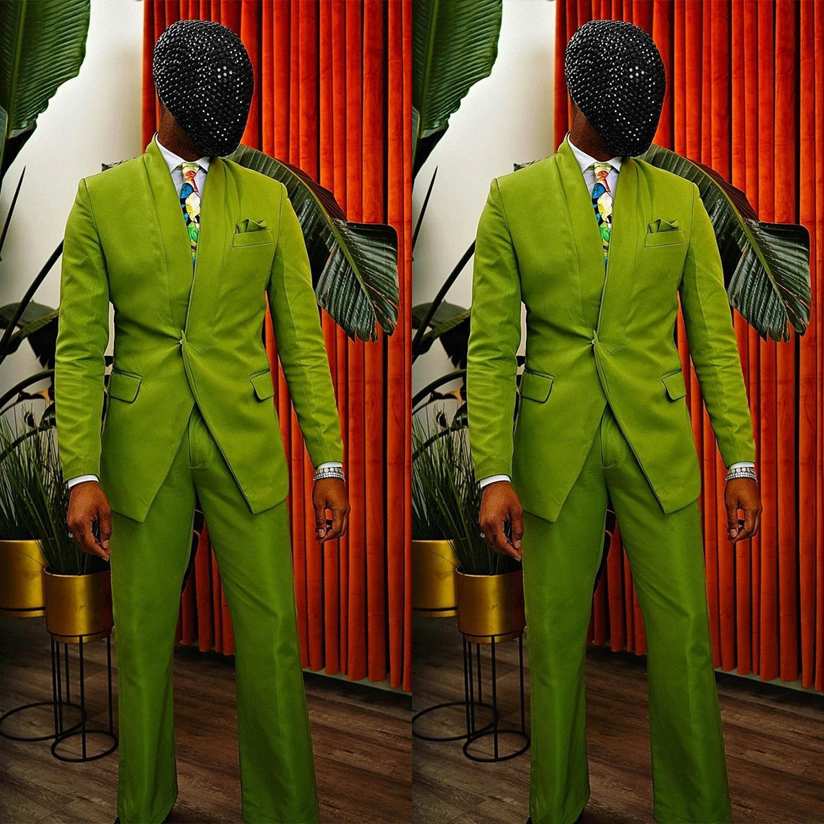 Green Men's Suits Tailor-Made 2 Pieces Blazer Pants One Button Slim No Lapel Business Shiny Wedding Groom Tailored Plus Size