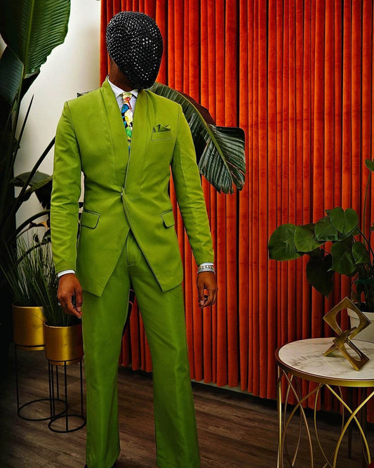Green Men's Suits Tailor-Made 2 Pieces Blazer Pants One Button Slim No Lapel Business Shiny Wedding Groom Tailored Plus Size