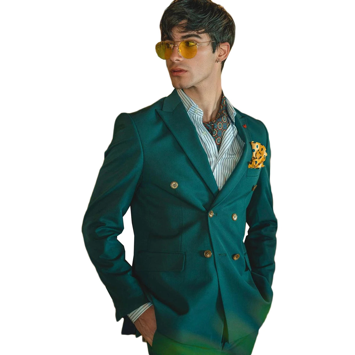 Green Men Tuxedos Double Breasted Jacket Pants Set Wedding Groom Peaked Lapel Business Blazer 2 Pieces