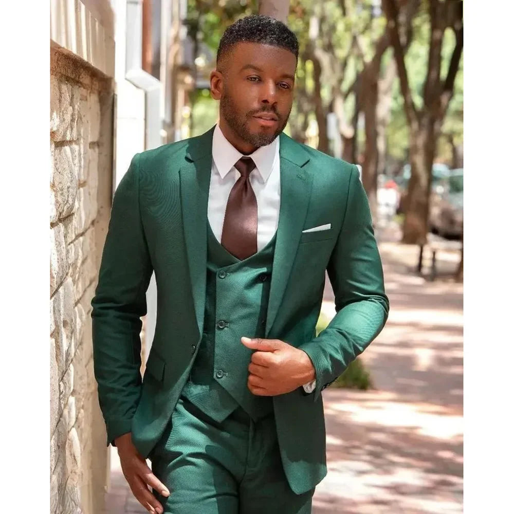 Green Notch Lapel Men's 3 Piece Jacket Pants Vest Male Clothing One Button Slim Fit Prom Party Full Sets High Quality Blazer