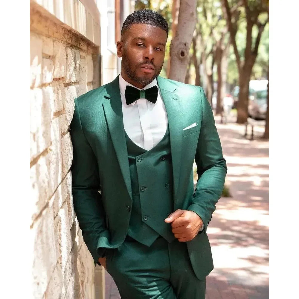 Ensemble 3 pièces veste et pantalon pour homme, coupe slim, revers cranté vert, blazer de haute qualité, un bouton