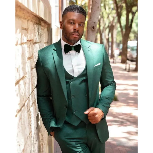 Green Notch Lapel Men's 3 Piece Jacket Pants Vest Male Clothing One Button Slim Fit Prom Party Full Sets High Quality Blazer