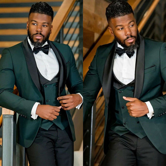 Green Satin Men Suit 3 Pieces Business Blazer Vest Pants One Button Wedding Groom Formal Work Wear Party Causal Tailored