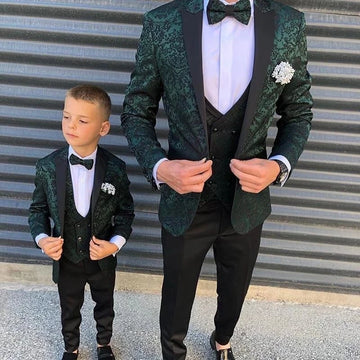 Green Seuqins Boy Mens Suits 3 Pcs Slim Fit Wedding Grooms Tuxedos Peaked Lapel Formal Blazer Kid Prom Suit Jacket+Pants+Vest