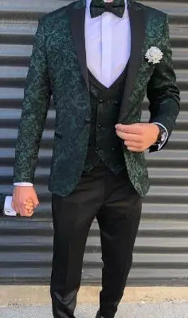 Costume 3 pièces vert Seuqins pour homme, coupe slim, smoking de mariage, revers pointus, blazer formel, costume de bal pour enfant, veste + pantalon + gilet