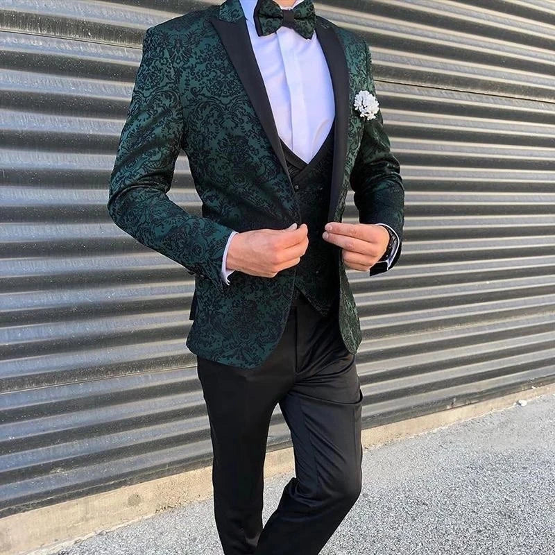 Green Seuqins Boy Mens Suits 3 Pcs Slim Fit Wedding Grooms Tuxedos Peaked Lapel Formal Blazer Kid Prom Suit Jacket+Pants+Vest