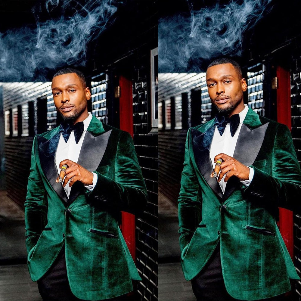 Green Velvet Men Suits Wear Wedding Blazer Tuxedos Gold Clothes for Groom Prom Coat One Jacket