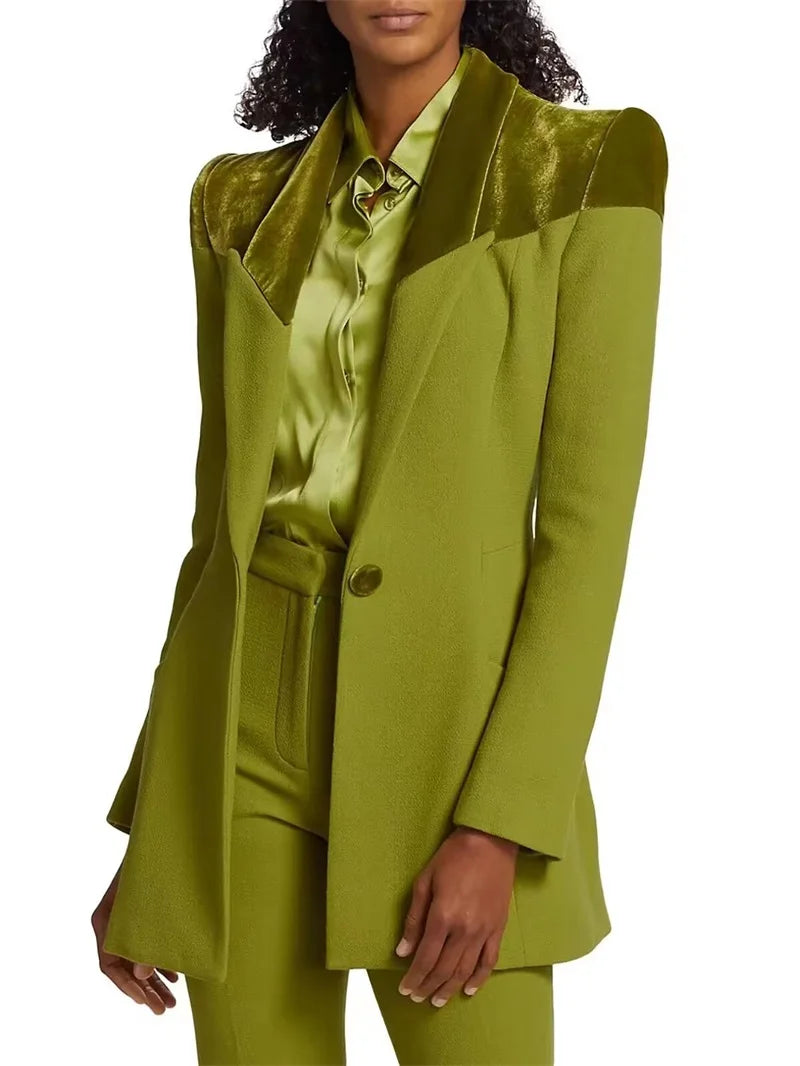 Ensemble de costumes et pantalons verts pour femmes, blazer et pantalon, coutures en velours, smoking pour mère de famille, invité de mariage, robe de bal formelle, personnalisable 