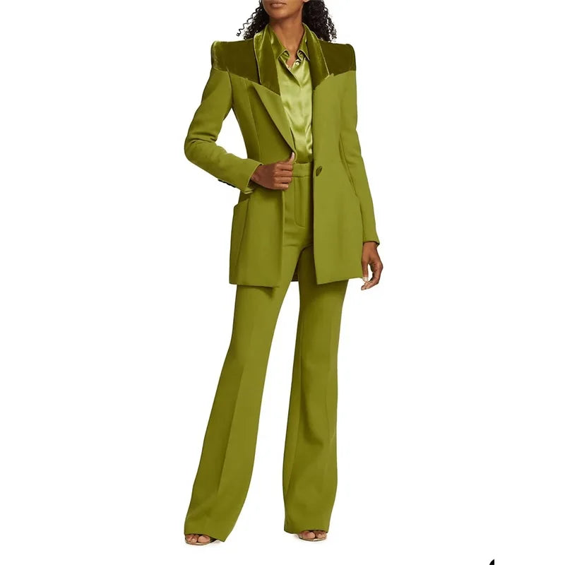Ensemble de costumes et pantalons verts pour femmes, blazer et pantalon, coutures en velours, smoking pour mère de famille, invité de mariage, robe de bal formelle, personnalisable 