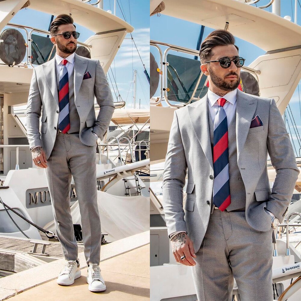 Traje gris de negocios para hombre, esmoquin de boda, de un solo pecho, de dos piezas, chaqueta y pantalón, trajes de novio para padrinos de boda.