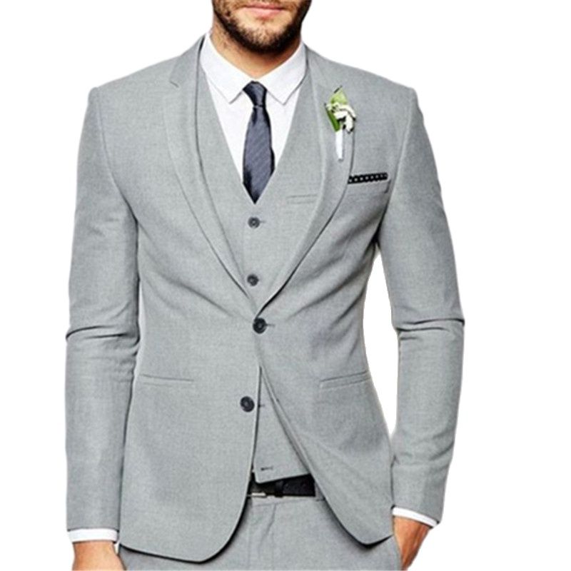 Grey Casual Groom Prom Blazer Trousers Custom Made Men Suits For Wedding 3 Pcs (Jacket+Pants+Vest+Tie) Slim Fit