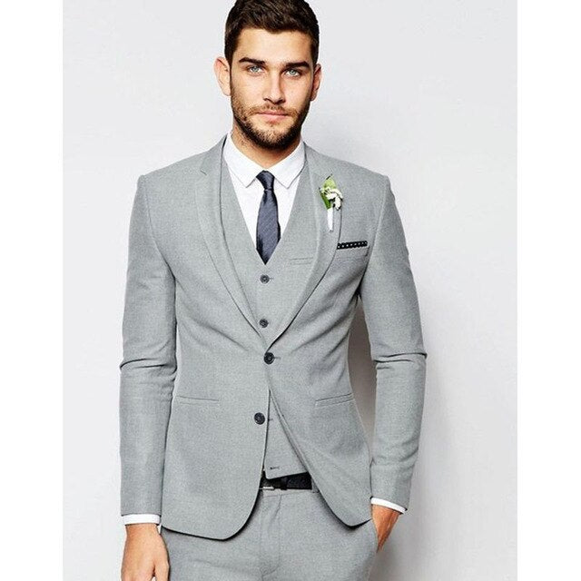 Grey Casual Groom Prom Blazer Trousers Custom Made Men Suits For Wedding 3 Pcs (Jacket+Pants+Vest+Tie) Slim Fit