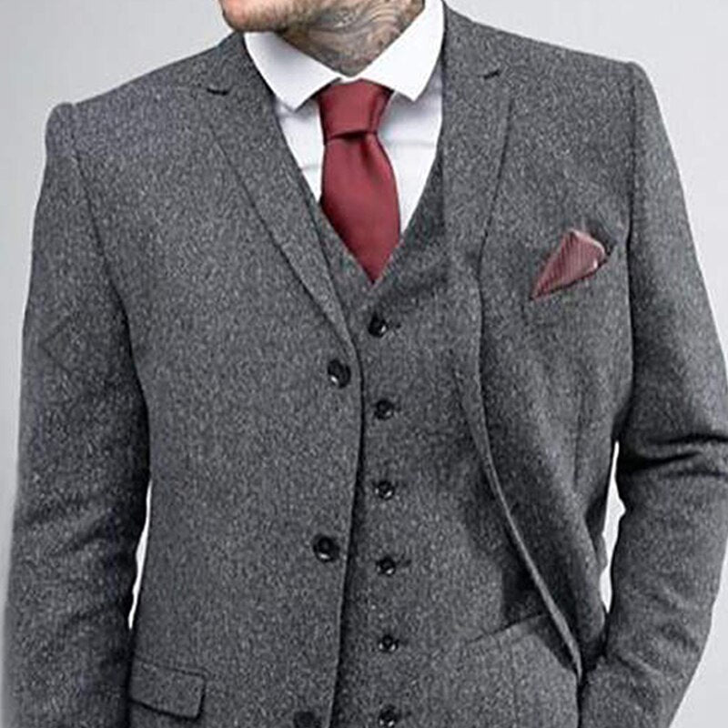 Traje de novio gris, traje de padrino, esmoquin de tweed, vestido de novia, vestido de fiesta, traje de negocios de 3 piezas (chaqueta, pantalón y chaleco) 