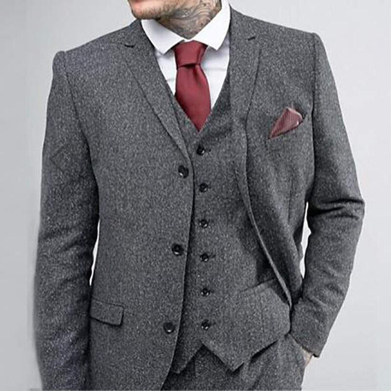 Traje de novio gris, traje de padrino, esmoquin de tweed, vestido de novia, vestido de fiesta, traje de negocios de 3 piezas (chaqueta, pantalón y chaleco) 