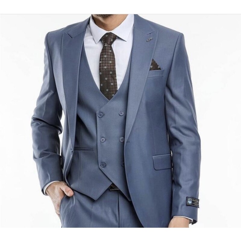 Grey Men Suits 3Pcs Peaked Lapel Formal Wedding Slim Fit Costume Homme Groom Tuxedos Party Wear Terno Blazer Trousers