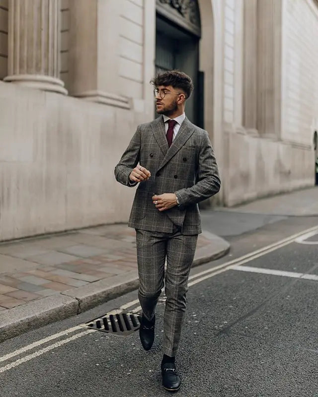 Grey Mens Suits 2 Piece Classic Slim Fit Costume Vintage Suit Jacket Pants Custom Made Wedding Tuxedos
